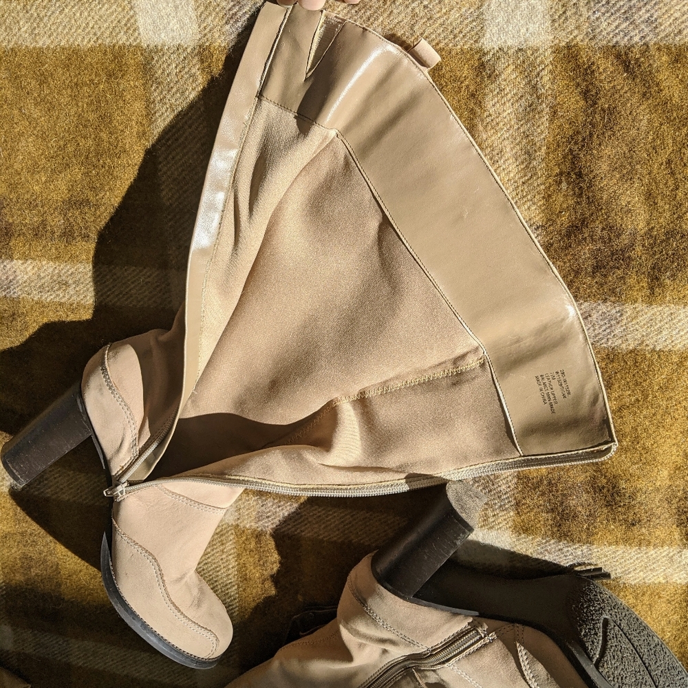 Natural Tan Cream Taupe Brushed Leather Suede High Heel Tall Fashion Boots 7.5 - Picture 10 of 15
